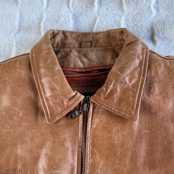 🔥Vintage Y2K Leather 2000 Brown Bomber Jacket Faux Fur Lined Grunge Biker Patina - Picture 8 of 16